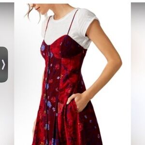 Free People Gail Red and Blue Corduroy Floral Midi Dress